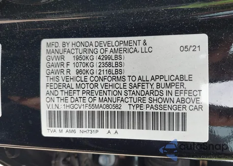 2021 Honda Accord Ex-L from USA, damaged, VIN 1HGCV1F55MA080582